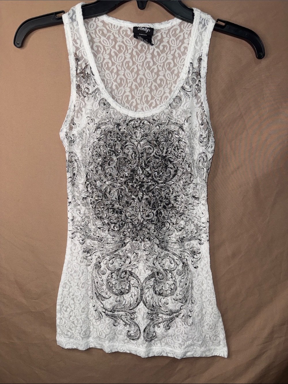 NWOT Women’s Small Vanity White Lace Scoop Neck Tank with Black Branded Tag
